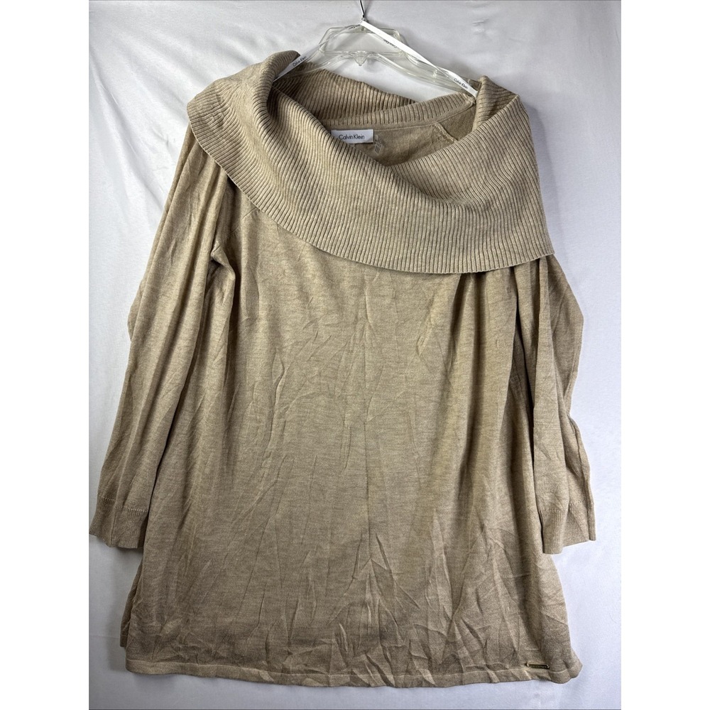 Calvin Klein Women's XL Cowl‎ Neck Sweater Beige Camel Tan Minimalist Classic